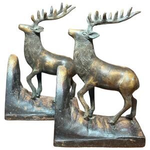 Vintage Cast Metal Elk Stag Bookends Heavy Iron Base Rustic Cabin Decor Pair